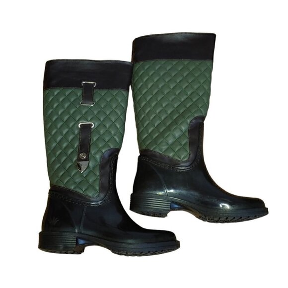 POSH WELLIES Green Brown Quilted Waterproof Rain Boots - Picture 3 of 16